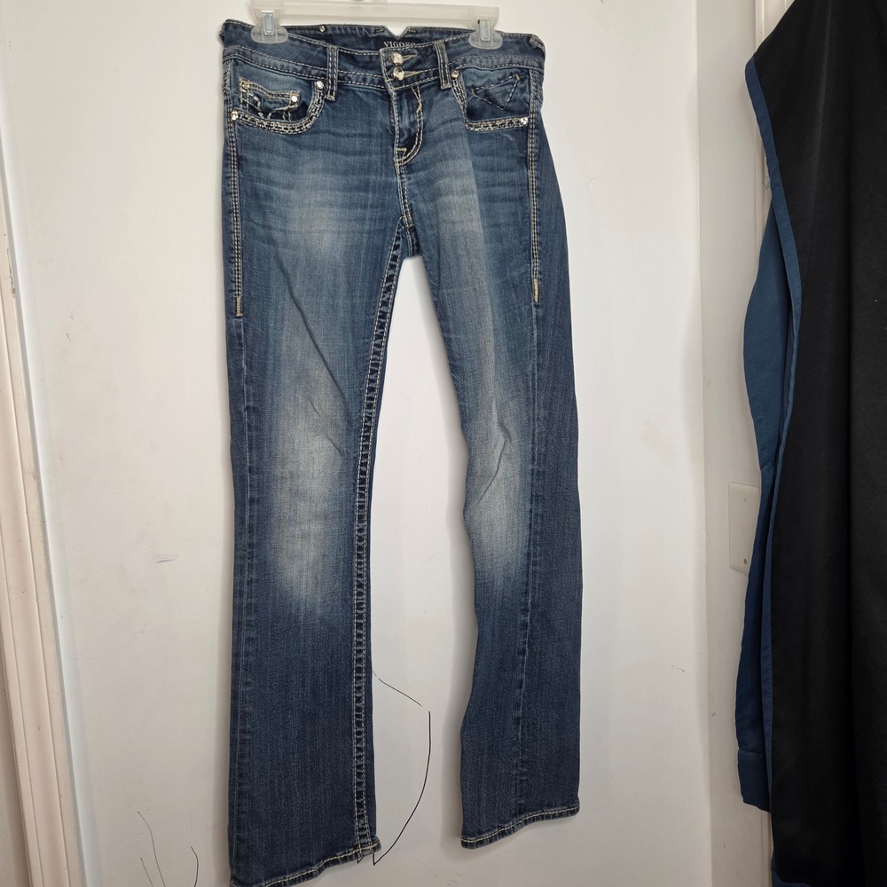 Vigoss The Chelsea Slim Boot Jeans Medium Wash Rhinestone Size 5/6 Length 33